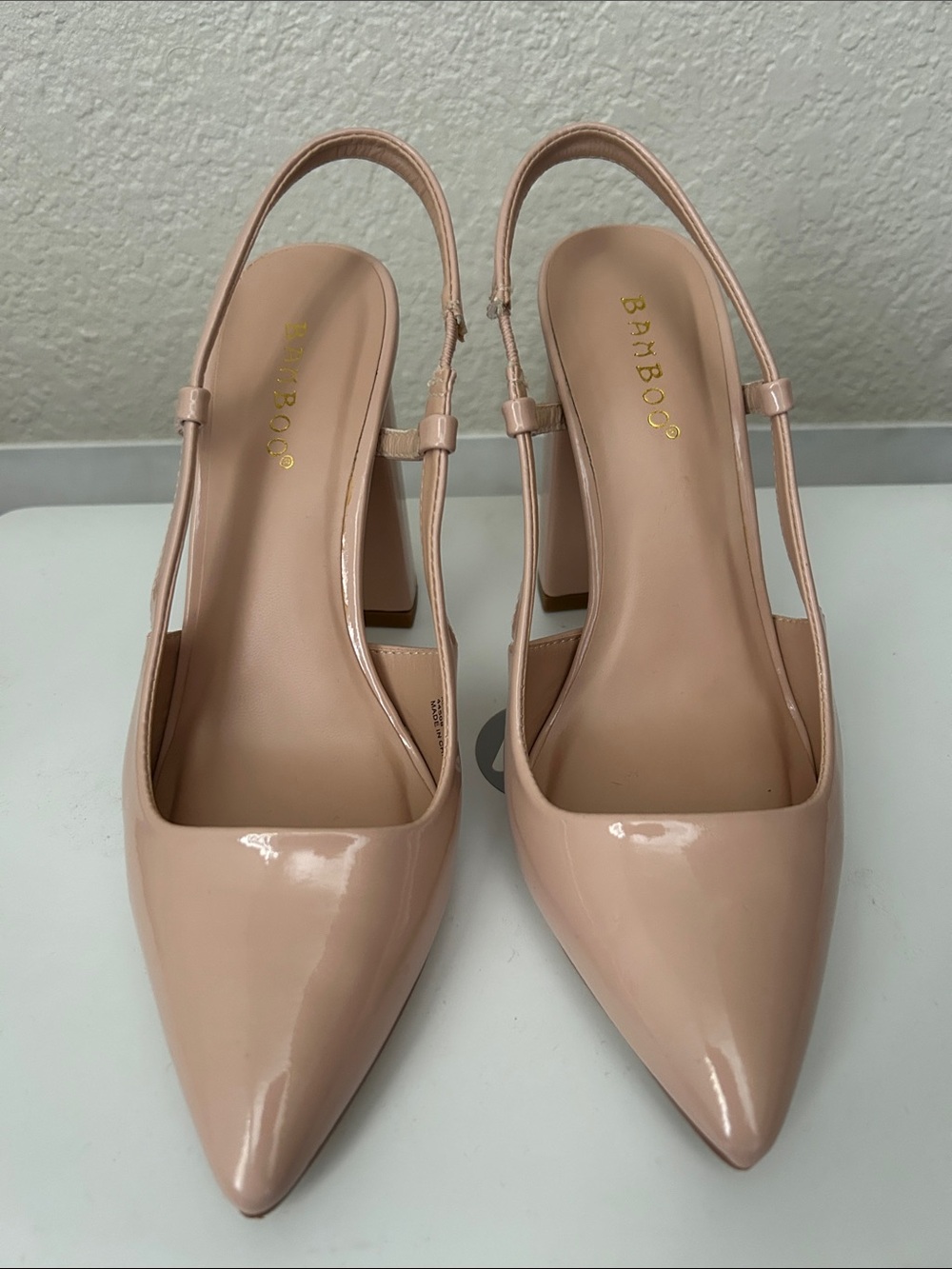 BAMBOO Blush Patent Pointed Slingback Heels